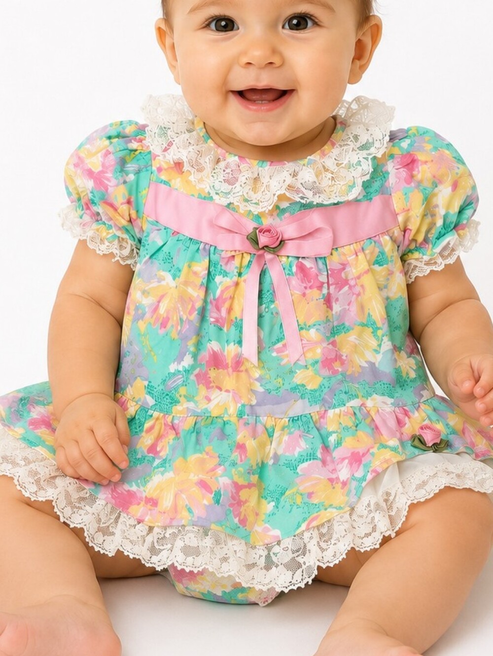 Vintage Chuckles Floral Lace Party Dress | Girls Size 9 Months | Cottagecore